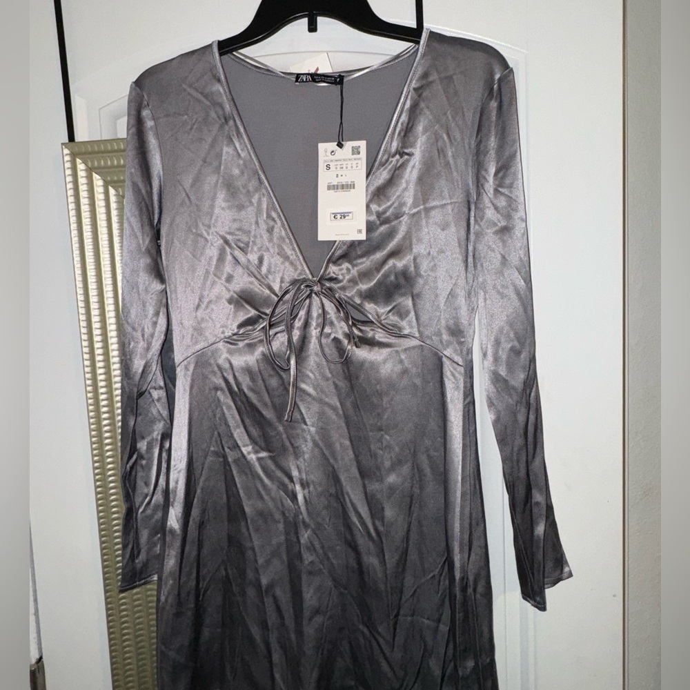 ZARA Satin Mini Dress Sliver NWT - Picture 3 of 8